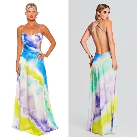 NWT RETROFETE Silk Watercolor Sleeveless Open Back Side Cutout Maxi Slip Gown XS - Picture 11 of 16